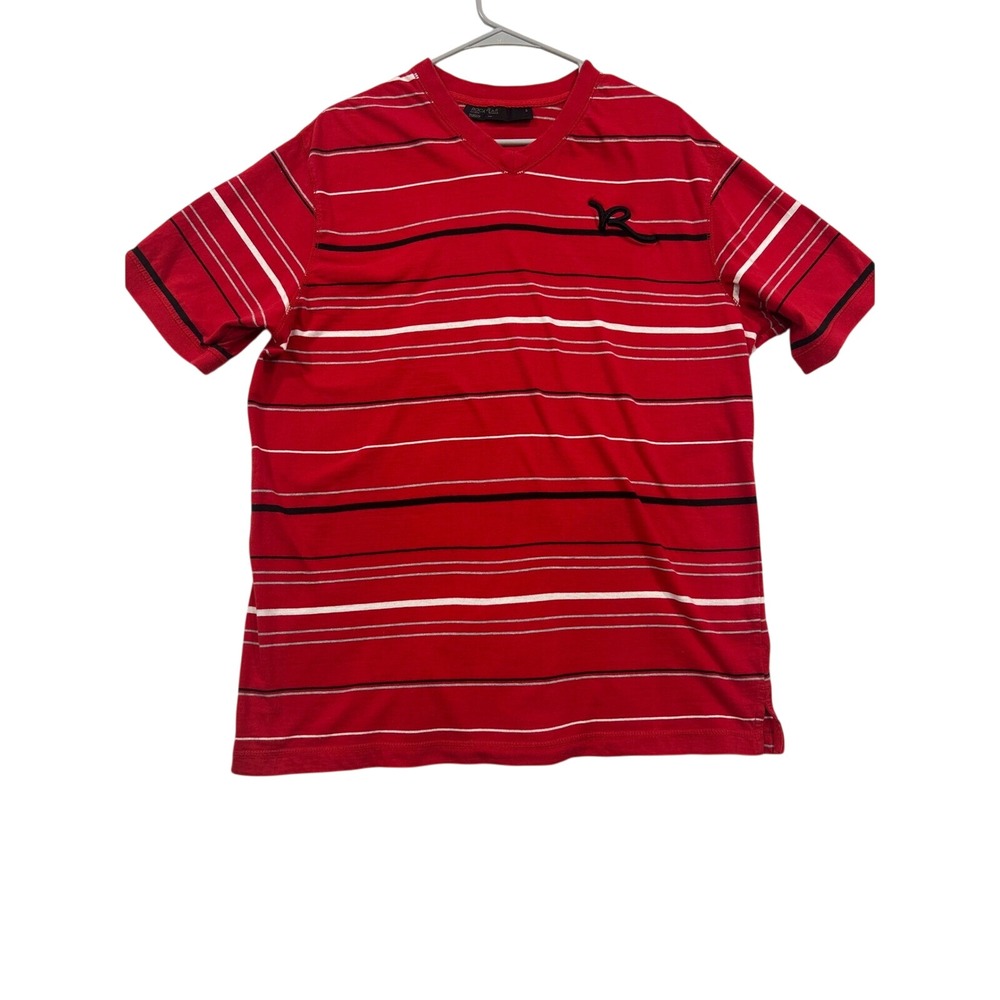 Rocawear Striped V-Neck T-Shirt Embroidered Logo Casual Top‎ Red Size XL (495)